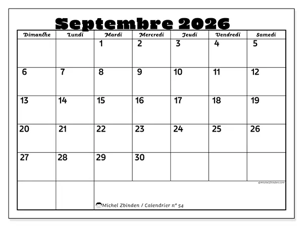 Calendrier septembre 2026 à imprimer - Activités en famille - Semaine : dimanche à samedi