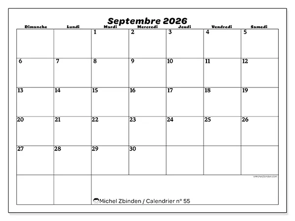 Calendrier septembre 2026 à imprimer - Organisation des loisirs - Semaine : dimanche à samedi