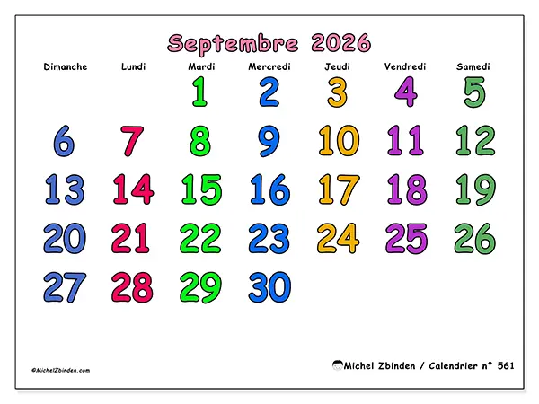 Calendrier septembre 2026 à imprimer - Moments créatifs - Semaine : dimanche à samedi