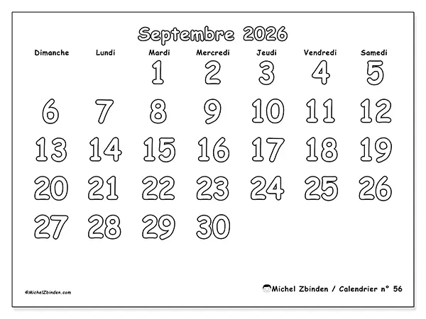 Calendrier septembre 2026 à imprimer - Coloriage utile - Semaine : dimanche à samedi