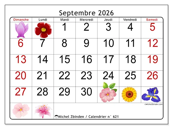 Calendrier septembre 2026 à imprimer - Grandes fleurs - Semaine : dimanche à samedi