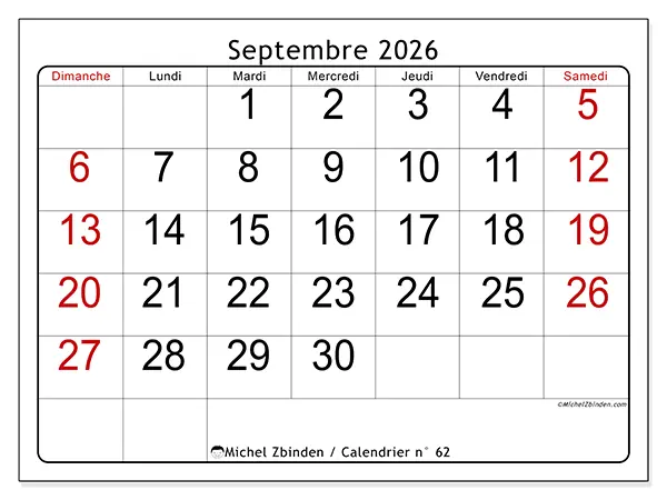 Calendrier septembre 2026 à imprimer - Lecture rapide - Semaine : dimanche à samedi