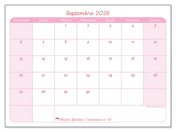 Calendrier septembre 2026 à imprimer - Organisation en douceur - Semaine : dimanche à samedi