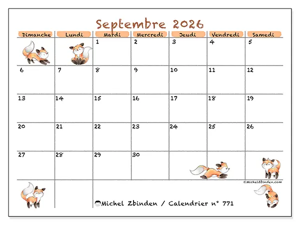 Calendrier septembre 2026 à imprimer - Dessins de renards - Semaine : dimanche à samedi
