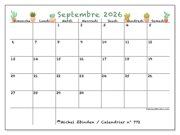 Calendrier septembre 2026 à imprimer - Cactus décoratifs - Semaine : dimanche à samedi