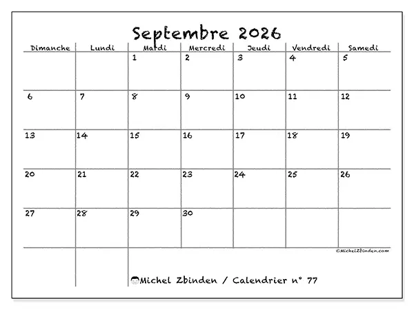 Calendrier septembre 2026 à imprimer - École et famille - Semaine : dimanche à samedi