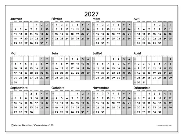 Calendrier annuel 2027 à imprimer - Organisation complète