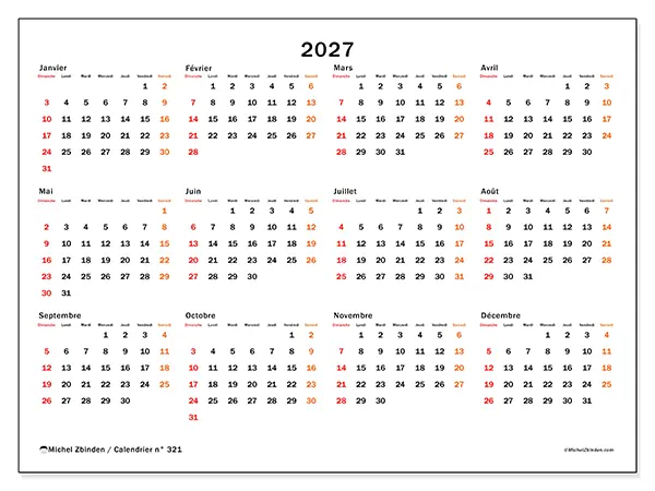 Calendrier annuel 2027 à imprimer - Week-end à l’honneur - Semaine : dimanche à samedi