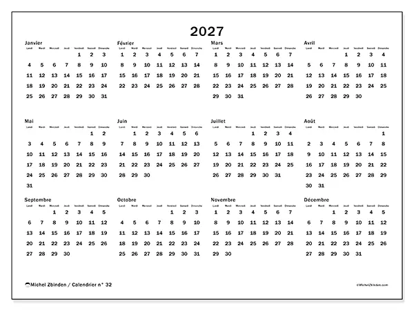 Calendrier annuel 2027 à imprimer - Organisation globale