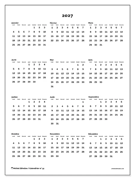 Calendrier annuel 2027 à imprimer - Vue globale