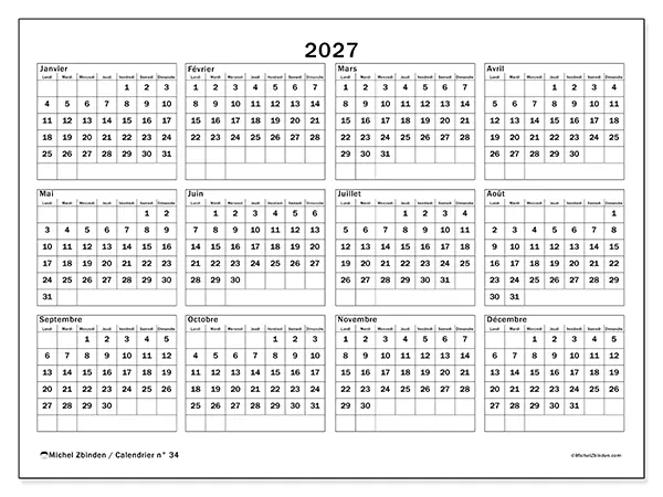 Calendrier annuel 2027 à imprimer - Vacances et loisirs