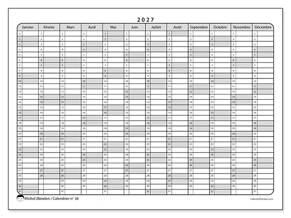 Calendrier annuel 2027 à imprimer - Listes pratiques