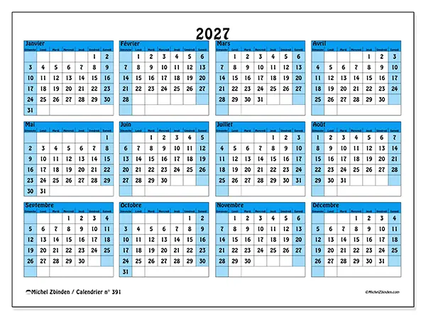 Calendrier annuel 2027 à imprimer - Organisation en couleur - Semaine : dimanche à samedi