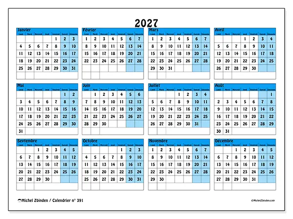 Calendrier annuel 2027 à imprimer - Organisation en couleur