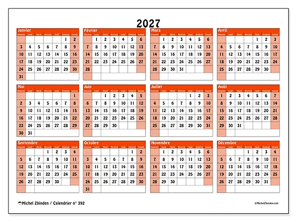Calendrier annuel 2027 à imprimer - Planning coloré - Semaine : dimanche à samedi