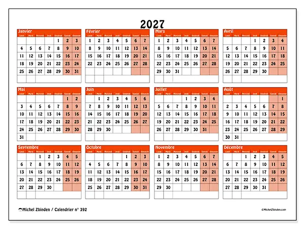 Calendrier annuel 2027 à imprimer - Planning coloré