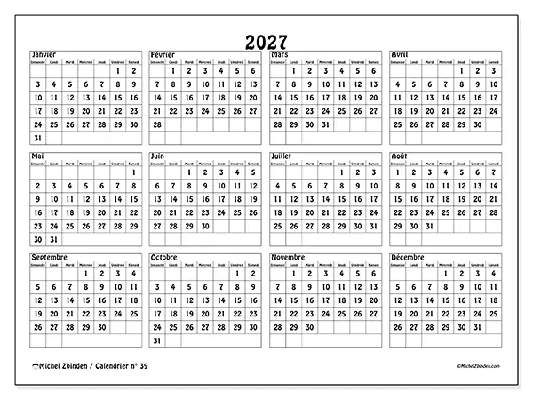 Calendrier annuel 2027 à imprimer - Écoles et études - Semaine : dimanche à samedi