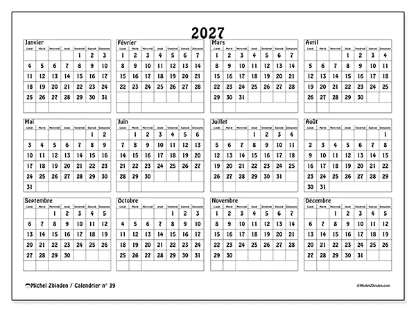 Calendrier annuel 2027 à imprimer - Écoles et études