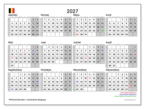 Calendrier annuel 2027 à imprimer - Belgique