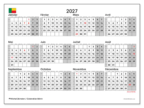 Calendrier annuel 2027 à imprimer - Bénin
