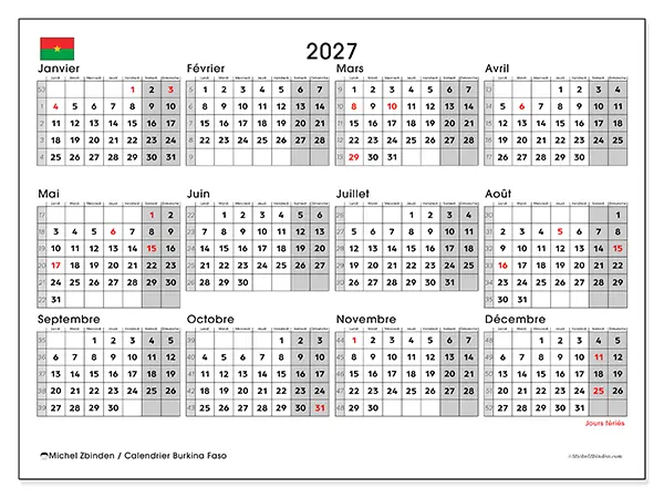 Calendrier annuel 2027 à imprimer - Burkina Faso
