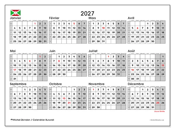 Calendrier annuel 2027 à imprimer - Burundi