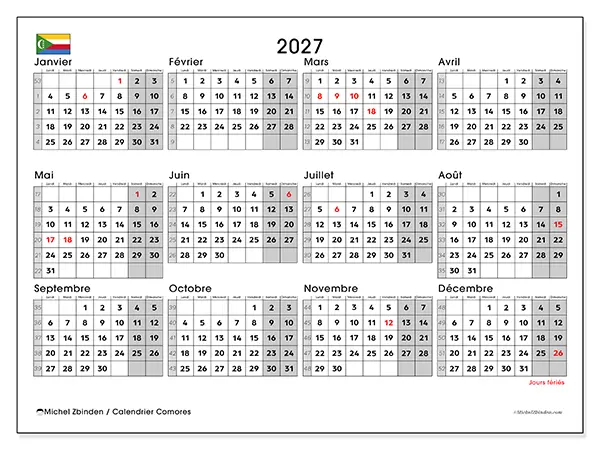 Calendrier annuel 2027 à imprimer - Comores