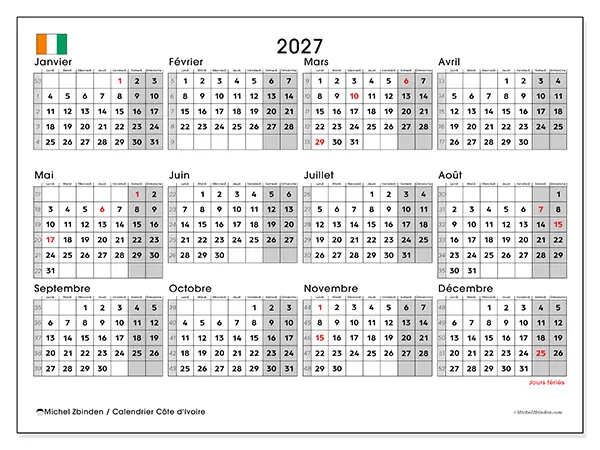 Calendrier annuel 2027 à imprimer - Côte d’Ivoire
