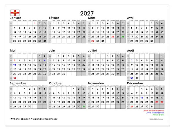 Calendrier annuel 2027 à imprimer - Guernesey