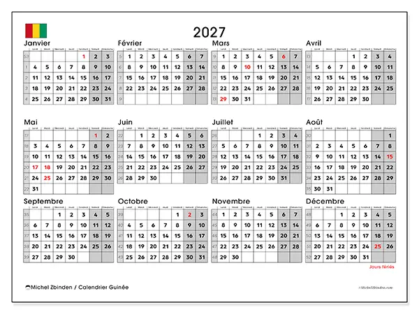 Calendrier annuel 2027 à imprimer - Guinée