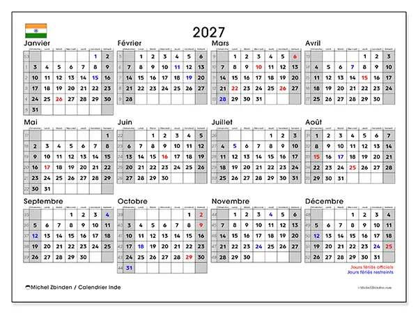 Calendrier annuel 2027 à imprimer - Inde