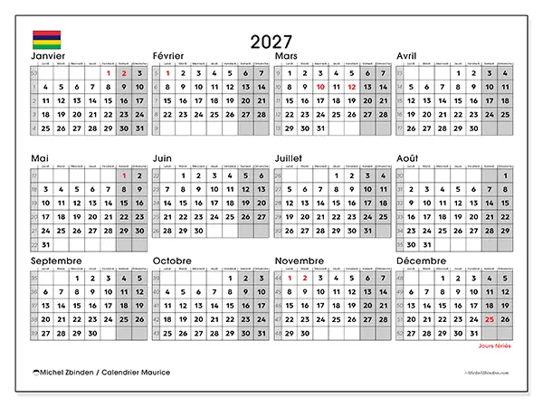 Calendrier annuel 2027 à imprimer - Maurice