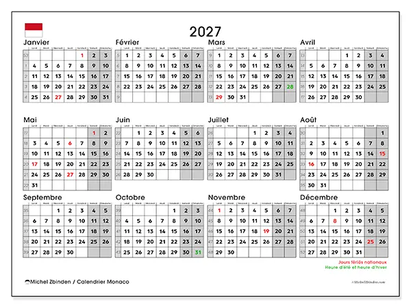 Calendrier annuel 2027 à imprimer - Monaco