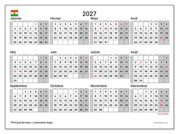 Calendrier annuel 2027 à imprimer - Niger