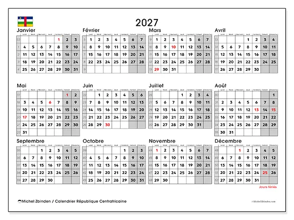 Calendrier annuel 2027 à imprimer - République centrafricaine