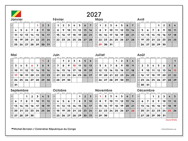 Calendrier annuel 2027 à imprimer - République du Congo