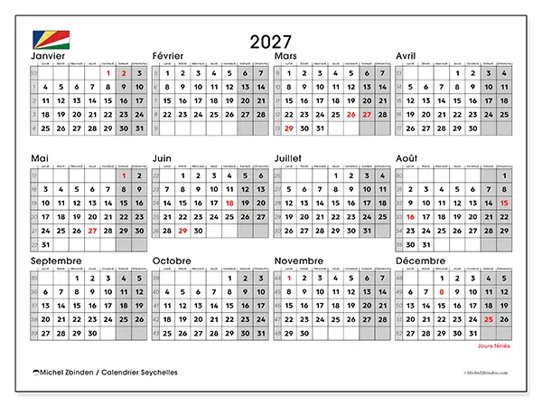 Calendrier annuel 2027 à imprimer - Seychelles