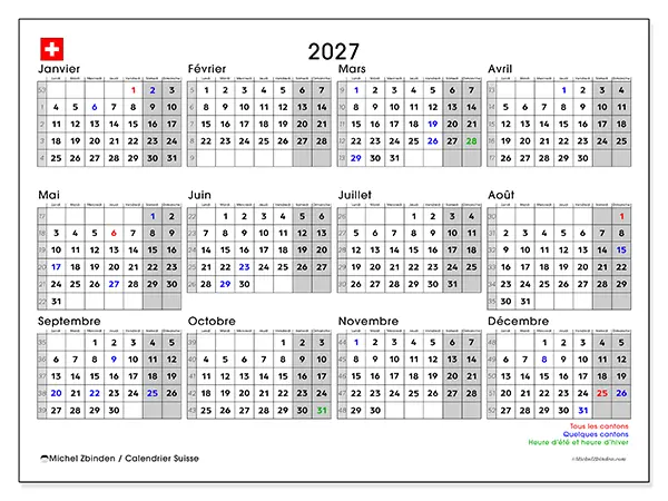 Calendrier annuel 2027 à imprimer - Suisse