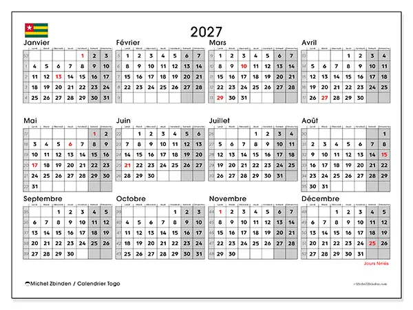 Calendrier annuel 2027 à imprimer - Togo