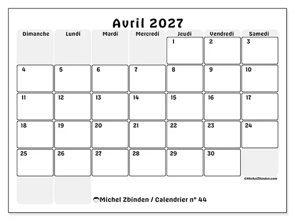 Calendrier avril 2027 à imprimer - Planning structuré - Semaine : dimanche à samedi