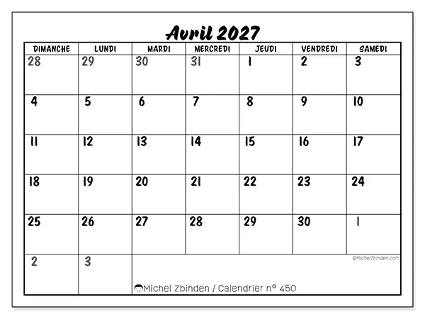 Calendrier avril 2027 à imprimer - Organisation détaillée - Semaine du dimanche au samedi