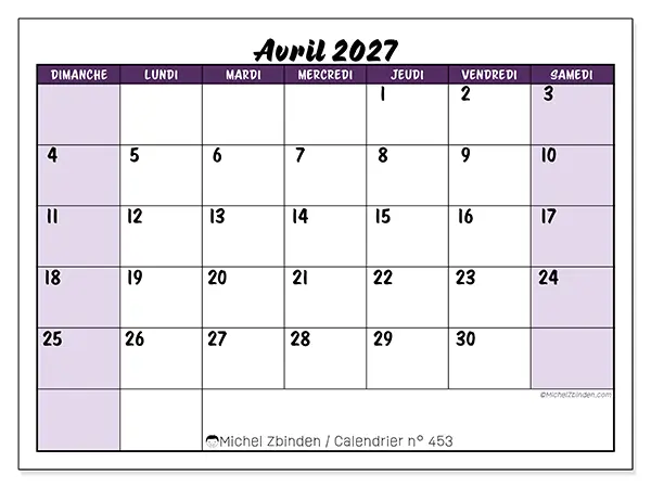Calendrier avril 2027 à imprimer - Efficacité colorée - Semaine : dimanche à samedi