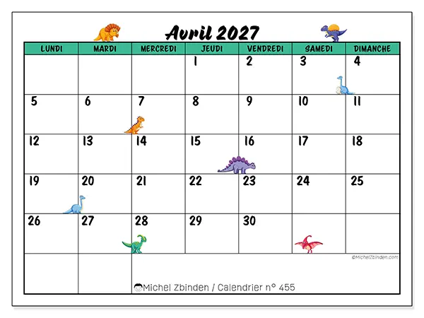 Calendrier avril 2027 à imprimer - Petits dinosaures