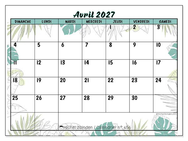 Calendrier avril 2027 à imprimer - Nature et jardin - Semaine du dimanche au samedi