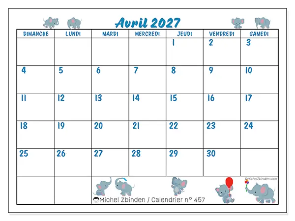 Calendrier avril 2027 à imprimer - Petits éléphants - Semaine du dimanche au samedi
