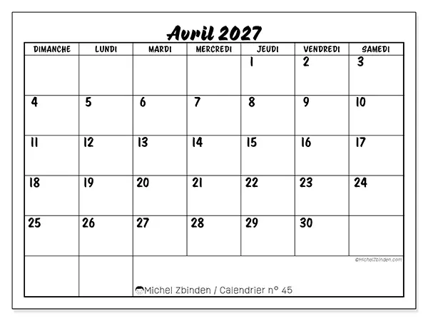 Calendrier avril 2027 à imprimer - Réussite scolaire - Semaine : dimanche à samedi