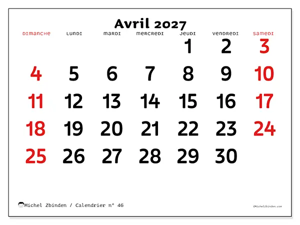 Calendrier avril 2027 à imprimer - Vision claire - Semaine : dimanche à samedi