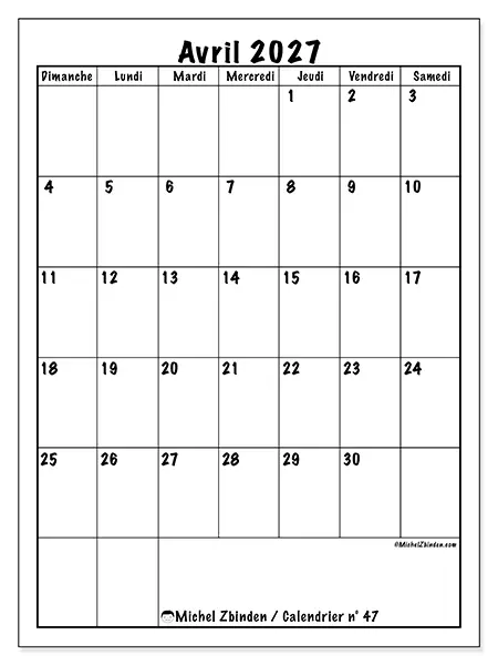 Calendrier avril 2027 à imprimer - Planning efficace - Semaine : dimanche à samedi