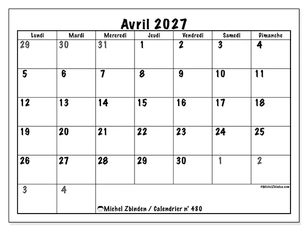 Calendrier avril 2027 à imprimer - Planification complète