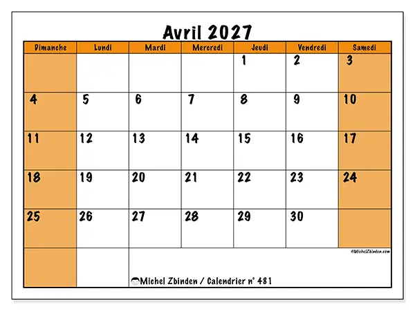 Calendrier avril 2027 à imprimer - Planning dynamique - Semaine : dimanche à samedi
